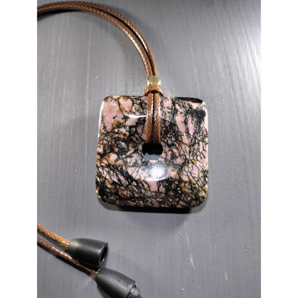 TrailerSpark Rhodonite Stone Square Donut Pendant Necklace Brown Waxed Cord 18in